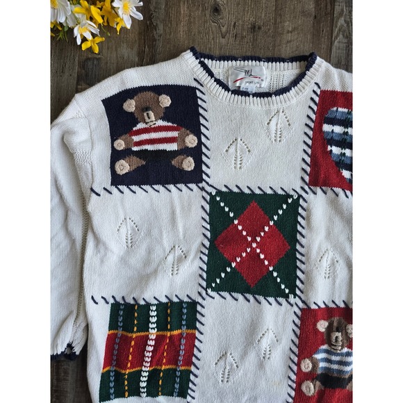 Vintage Knit Teddy Bear Crewneck Grandma Sweater SML Sport Ltd‎ Heart Argyle Med - Picture 2 of 12